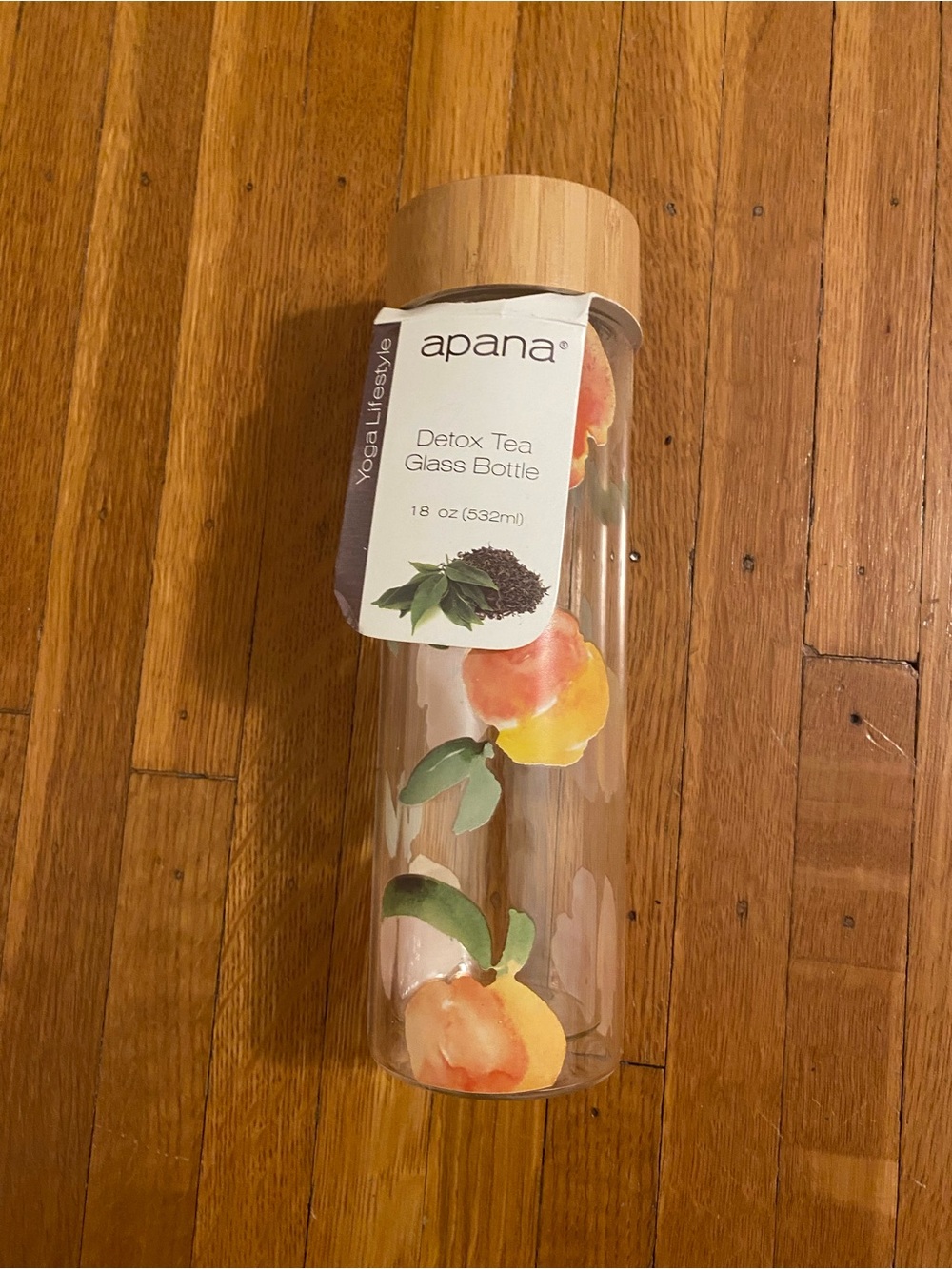 Apana Peach-Print Glass Tea Infuser Water Bottle with Bamboo-Style Lid